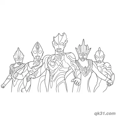 布莱泽奥特曼与其他奥特曼合影简笔画涂色页 – 免费可打印简笔画涂色画