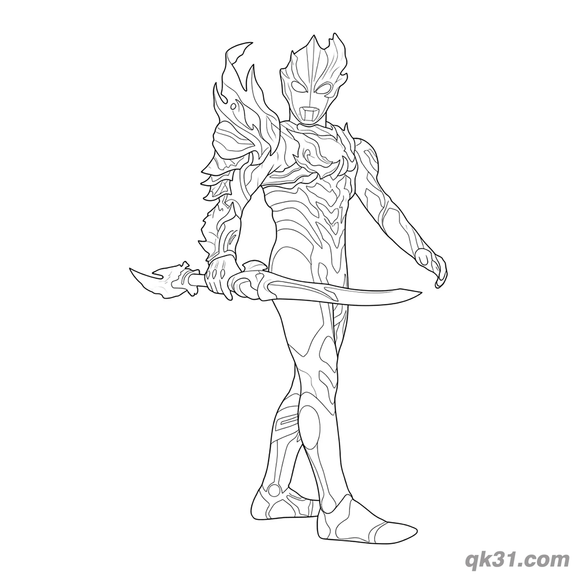 免费 布莱泽奥特曼手持利刃武器站姿简笔画涂色页 简笔画涂色页