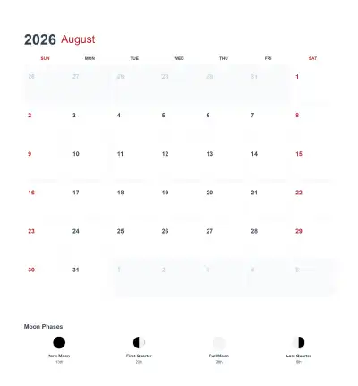 2026年8月美国日历可打印 – 免费可打印简笔画涂色画