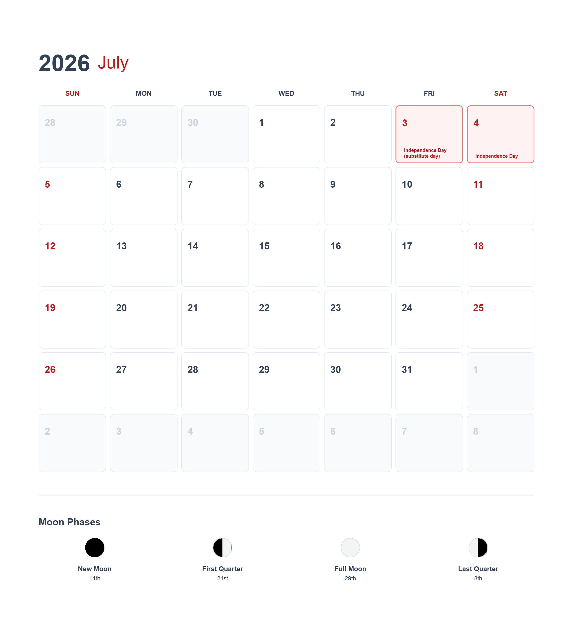 免费 2026年7月美国日历可打印 简笔画涂色页