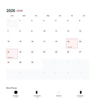 2026年6月美国日历可打印 – 免费可打印简笔画涂色画