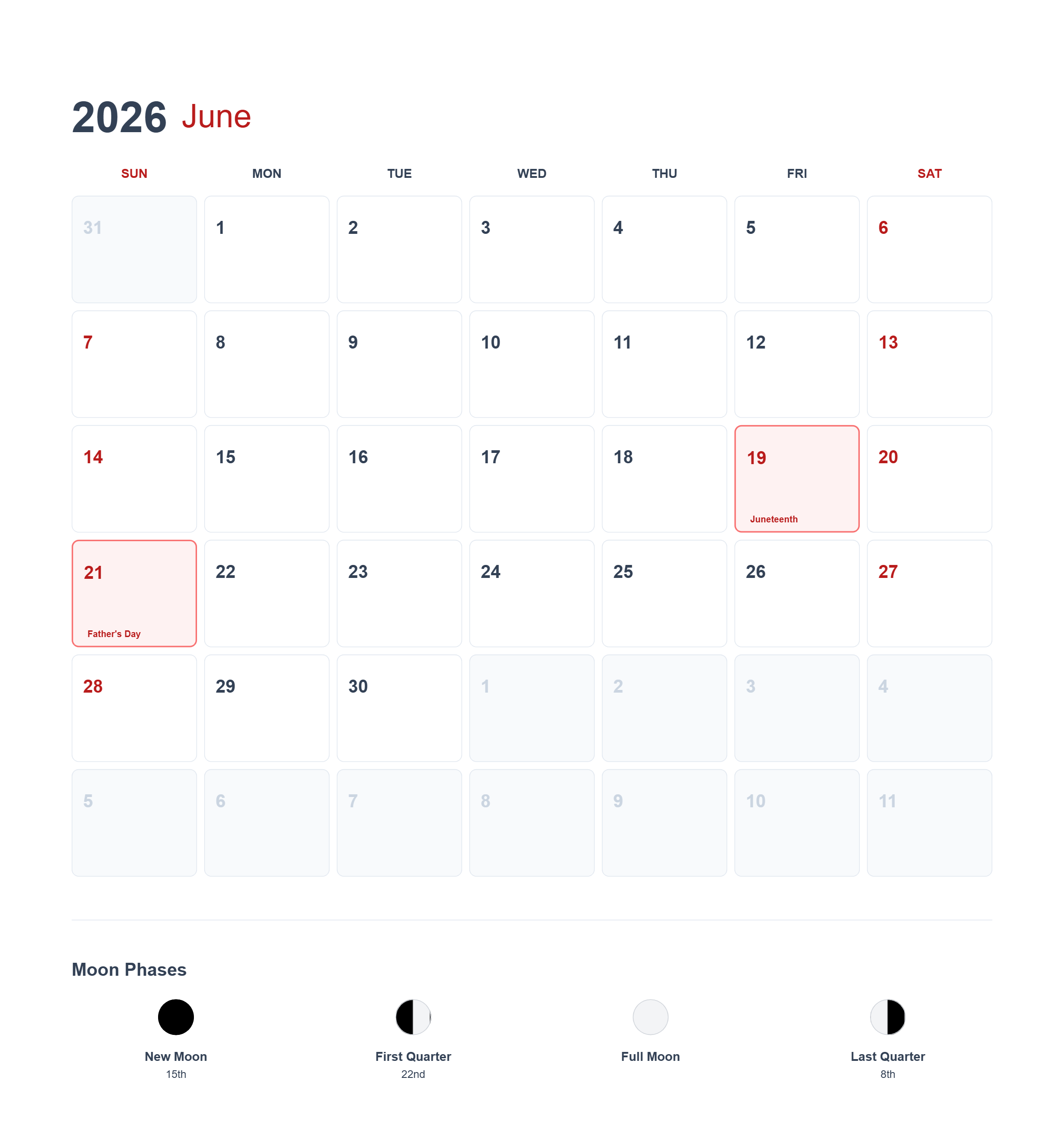 免费 2026年6月美国日历可打印 简笔画涂色页