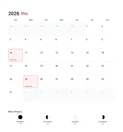 2026年5月美国日历可打印 – 免费可打印简笔画涂色画