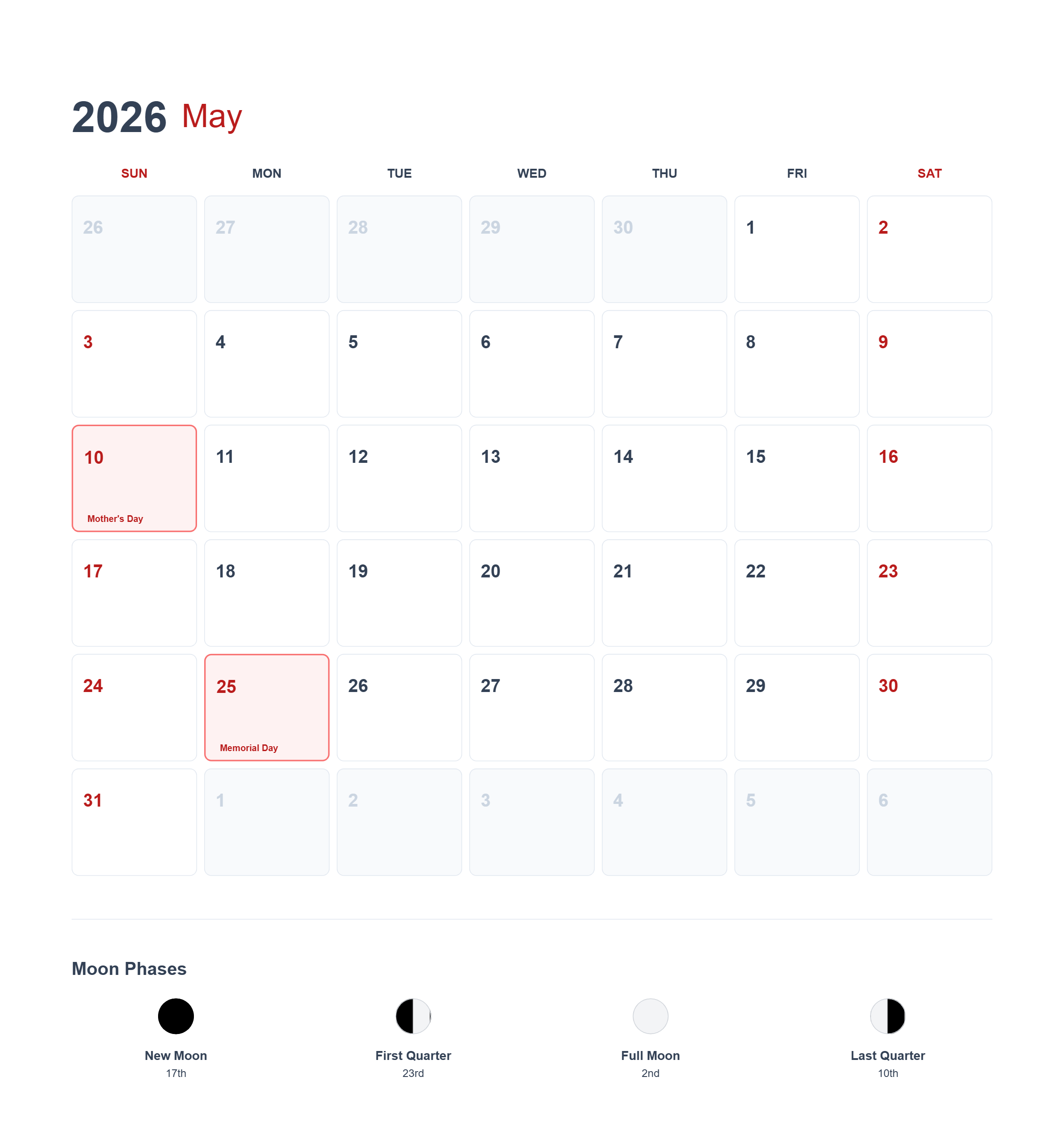 免费 2026年5月美国日历可打印 简笔画涂色页