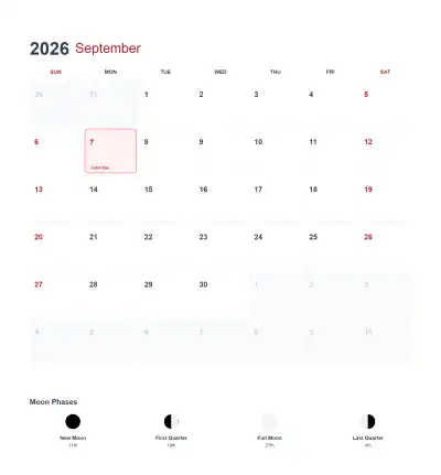 2026年9月美国日历可打印 – 免费可打印简笔画涂色画