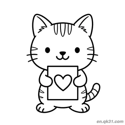 猫咪拿爱心卡片情人节涂色页 – 免费可打印简笔画涂色画