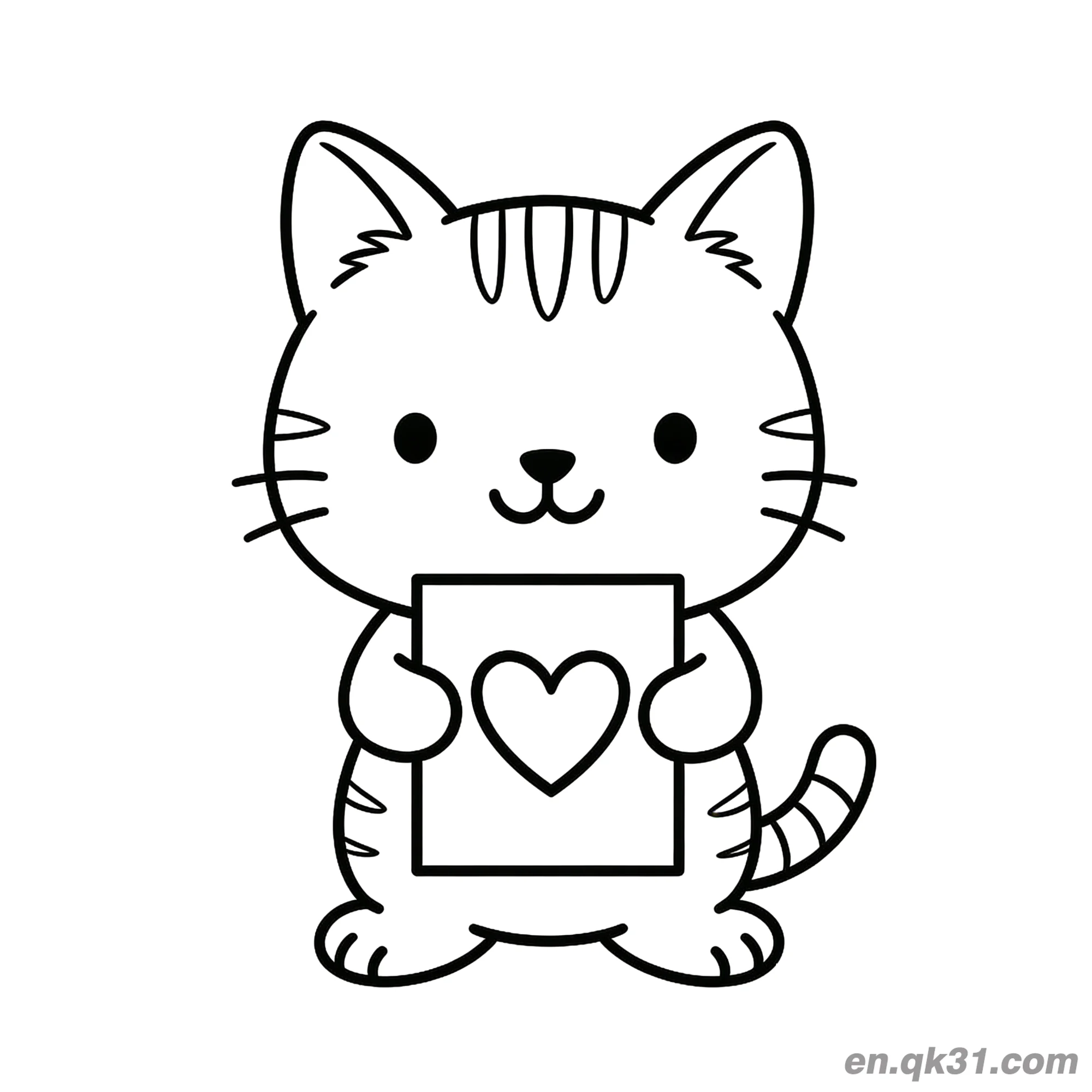 免费 猫咪拿爱心卡片情人节涂色页 简笔画涂色页