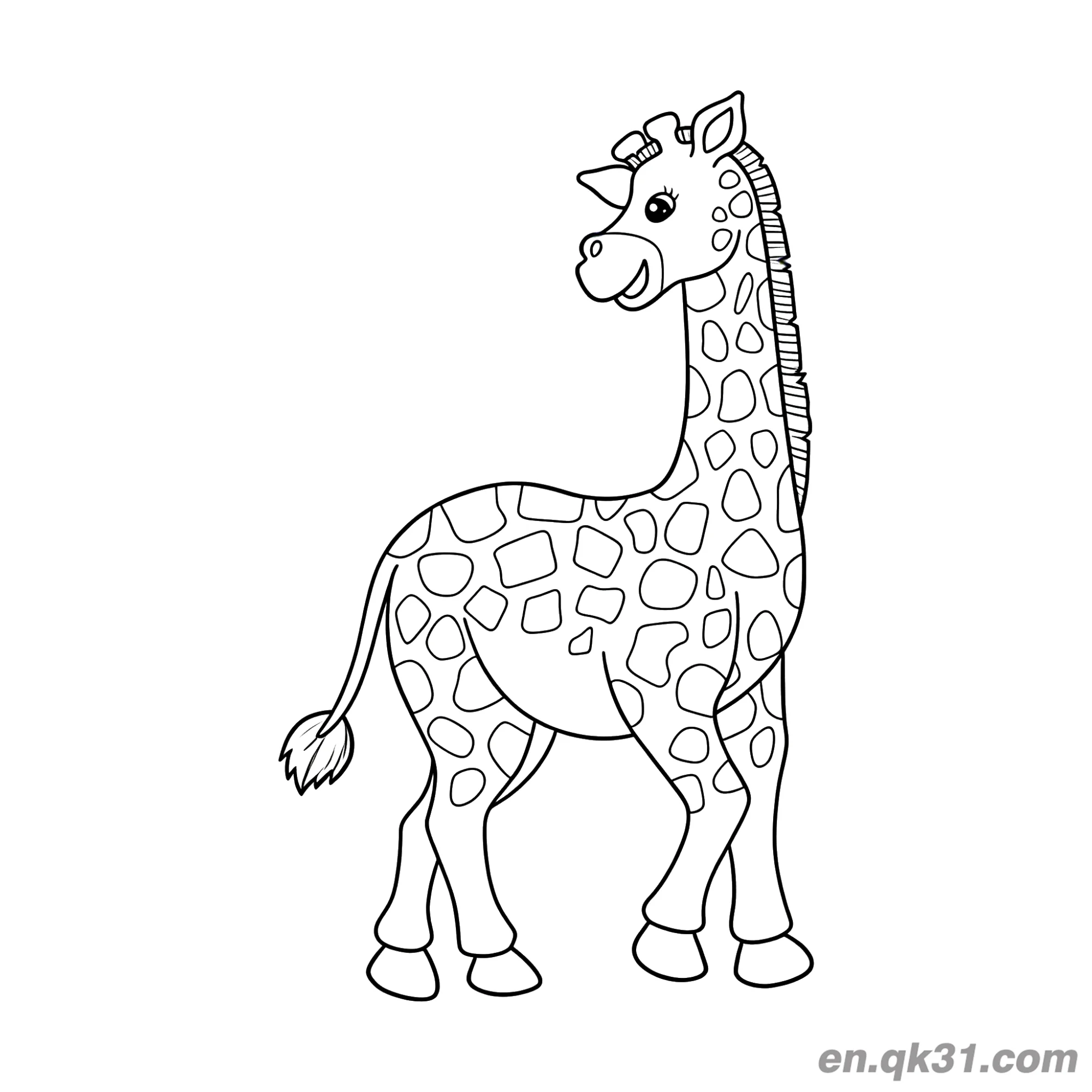 免费 卡通长颈鹿带斑点和微笑简笔画涂色页 简笔画涂色页