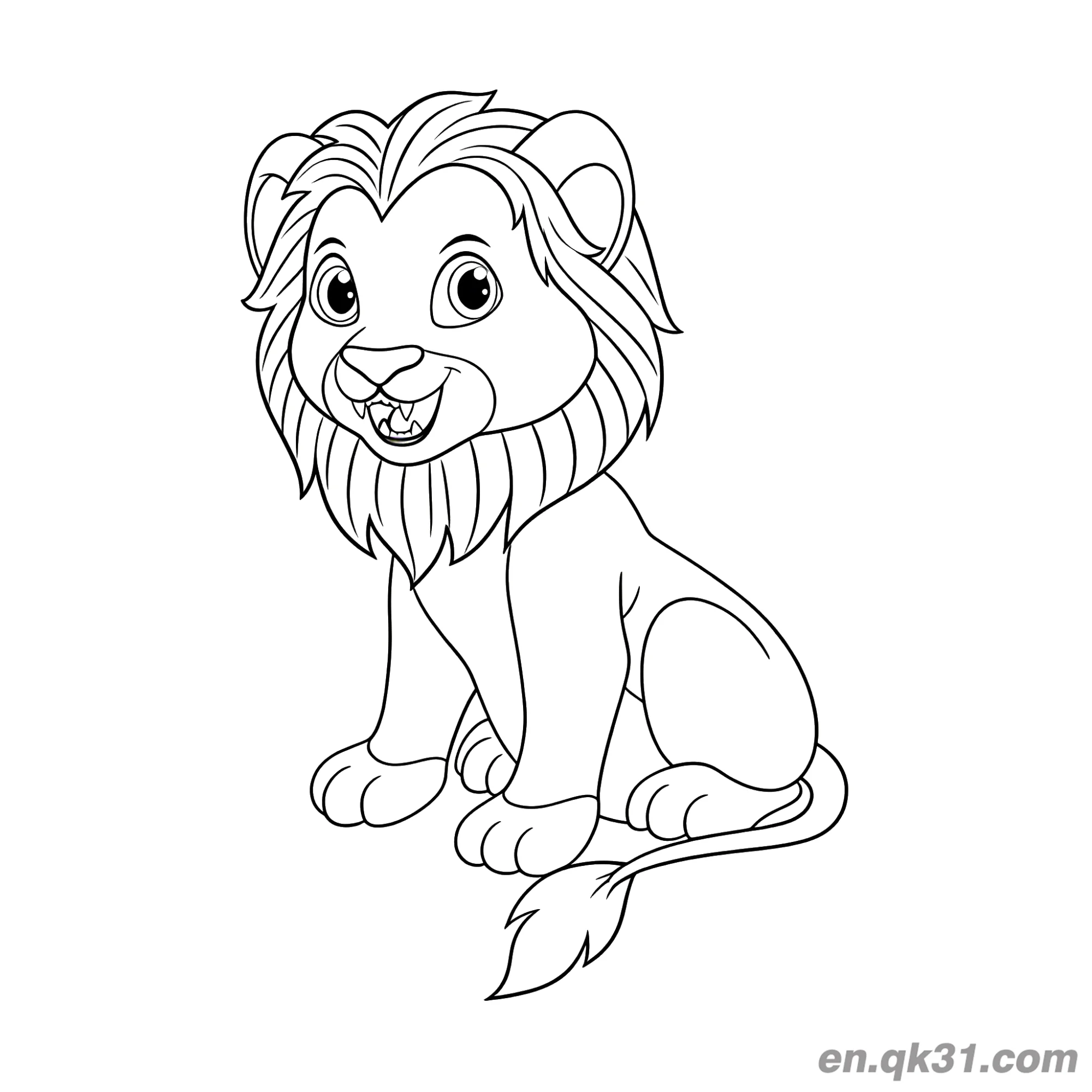 免费 卡通狮子幼崽微笑坐着简笔画涂色页 简笔画涂色页