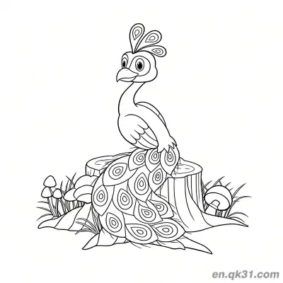 可爱孔雀坐在树桩上蘑菇涂色页 – 免费可打印简笔画涂色画