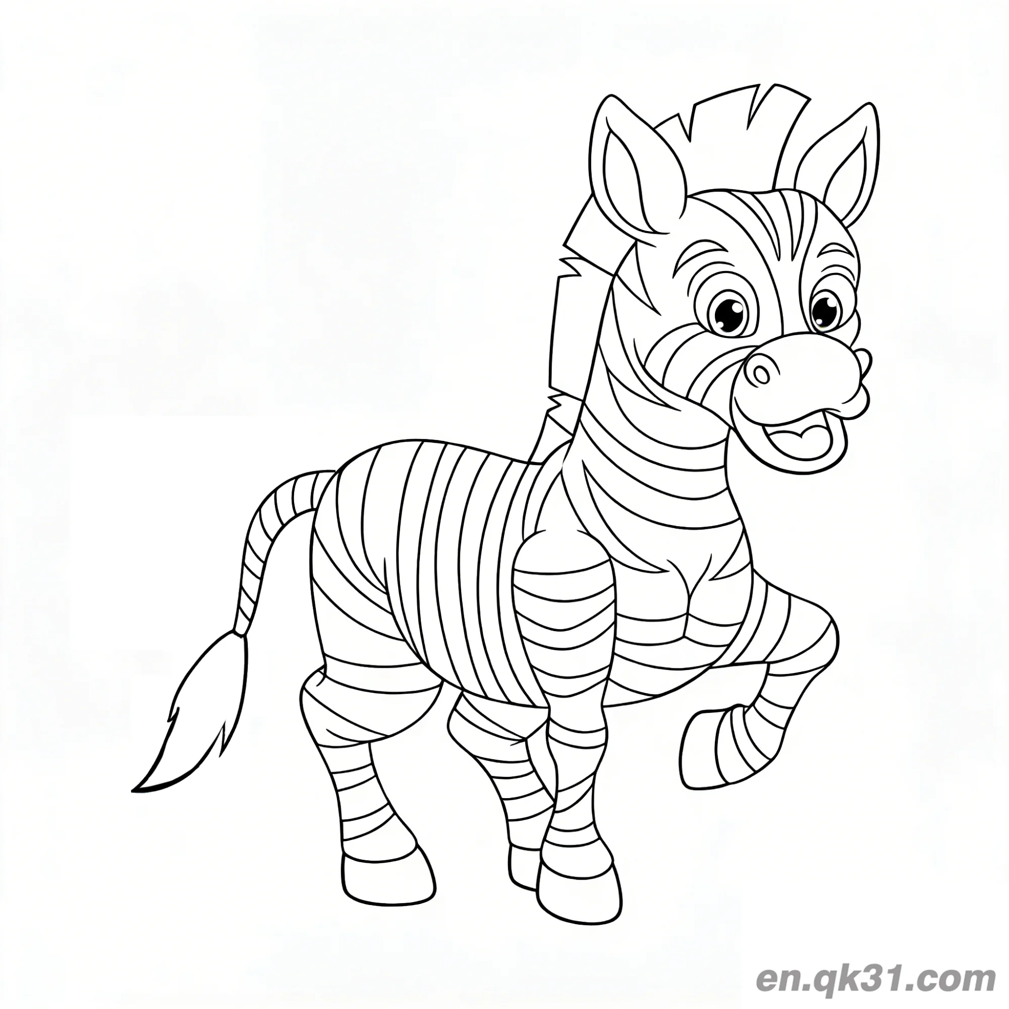 免费 抬蹄露齿笑的卡通斑马简笔画涂色页 简笔画涂色页