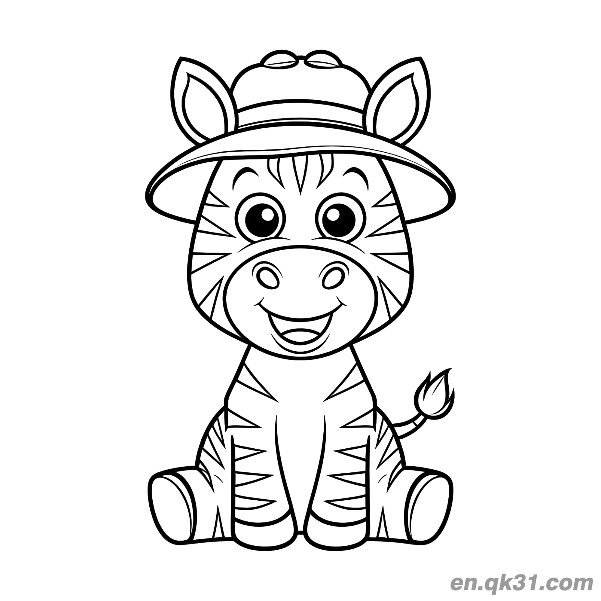 免费 戴探险帽的卡通斑马简笔画涂色页 简笔画涂色页