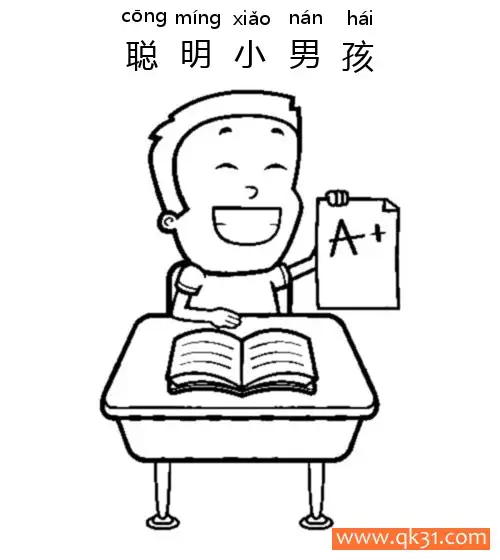 免费 聪明小男孩-smart school boy holding a graded paper 简笔画涂色页