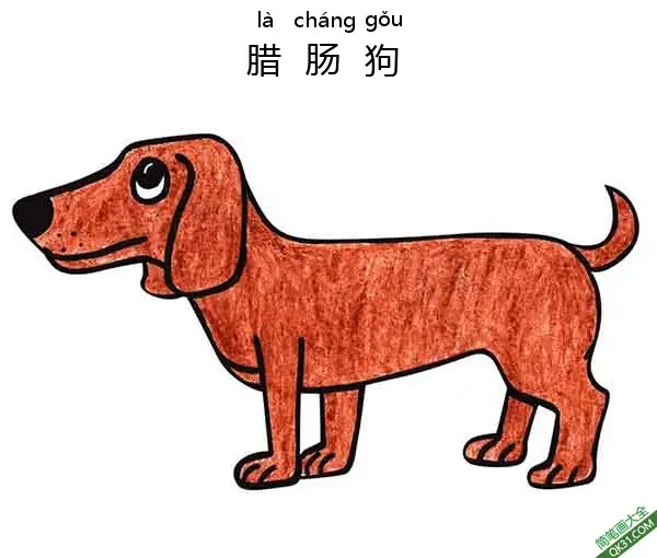 免费 怎样教孩子们一步步画一个 卡通 腊肠狗Dachshund Dog 简笔画涂色页